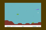 Moon Patrol for Commodore 64 - On more difficult levels the flying saucers fire at you after they land.