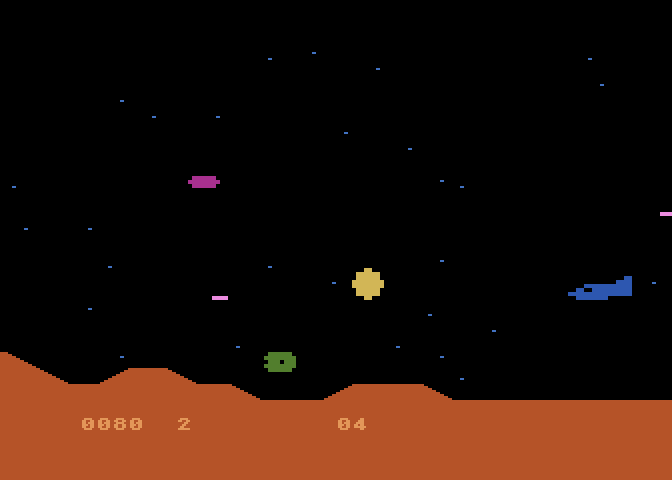 Moon Patrol Atari 8-bit Screenshot: Enemy destroyed...