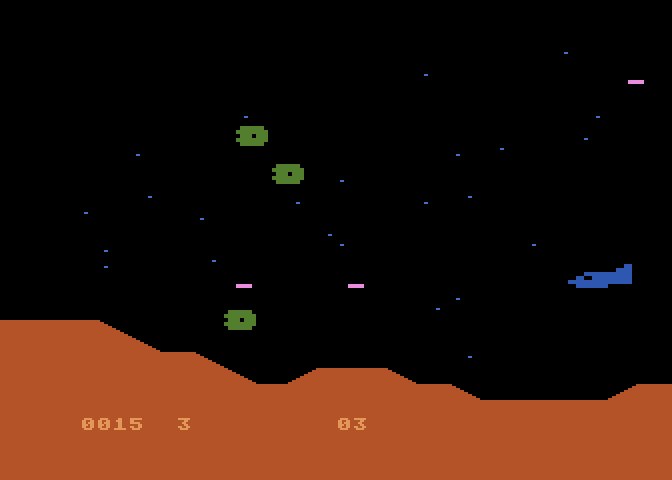 Moon Patrol Atari 8-bit Screenshot: Invaders arriving...