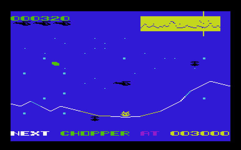 Sidewinder Commodore VIC-20 Screenshot: Enemy locations are shown on the scanner at the top of the screen.