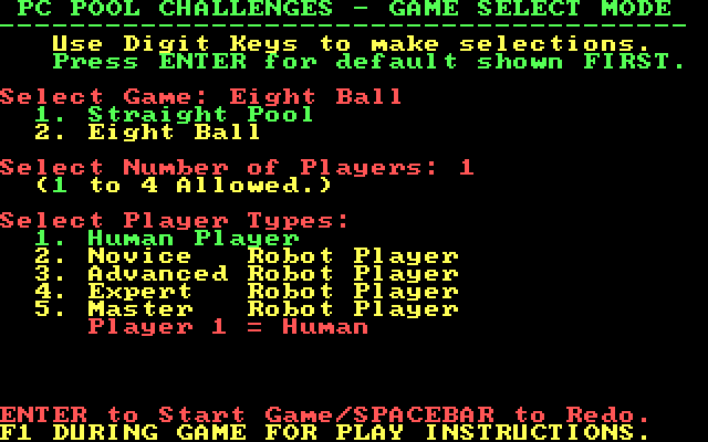 PC Pool Challenges IBM PC/Compatibles Screenshot: There are several game options you can choose from.