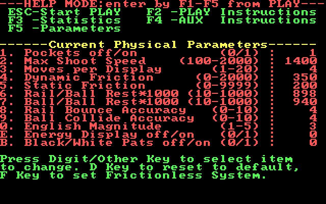 PC Pool Challenges IBM PC/Compatibles Screenshot: Current game parameters.