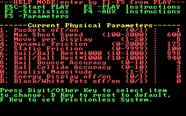 PC Pool Challenges IBM PC/Compatibles Screenshot: Current Parameters.