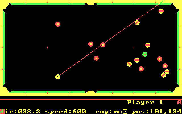 PC Pool Challenges IBM PC/Compatibles Screenshot: Lining up my next shot...