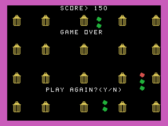 Garbage Belly TI-99/4A Screenshot: Game over.