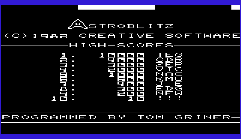 Astroblitz Commodore VIC-20 Screenshot: Title screen.