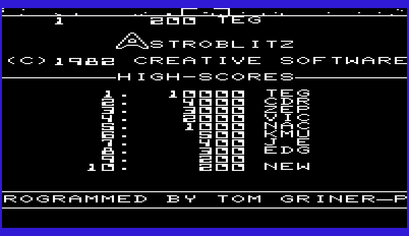 Astroblitz Commodore VIC-20 Screenshot: High scores.