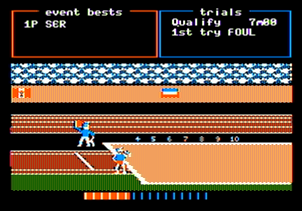 Track & Field Apple II Screenshot: First jump is a foul.