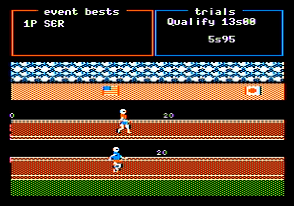 Track & Field Apple II Screenshot: Racing towards the finish line...