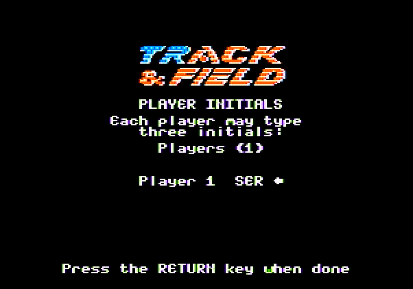 Track & Field Apple II Screenshot: Player one, enter your initials...