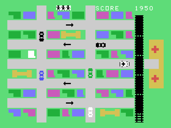Ambulance TI-99/4A Screenshot: Sometimes you have to wait for a train to pass to reach the hospital.