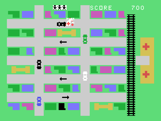 Ambulance TI-99/4A Screenshot: Don't crash into other cars.