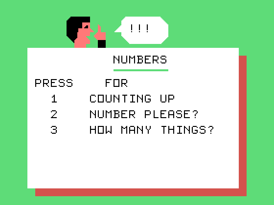 Early Learning Fun TI-99/4A Screenshot: Numbers game options.