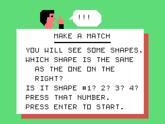 Early Learning Fun TI-99/4A Screenshot: Make a Match game instructions.