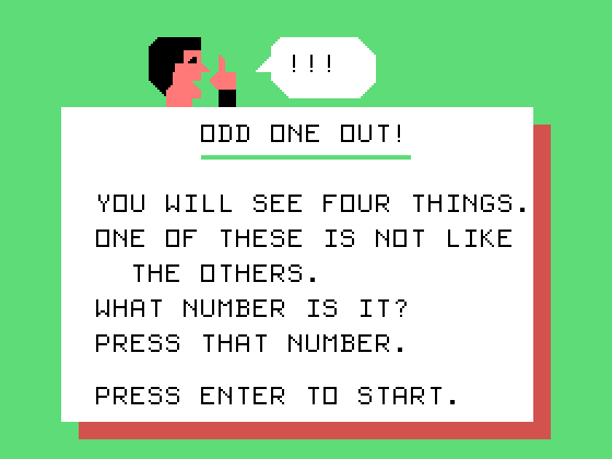 Early Learning Fun TI-99/4A Screenshot: Odd One Out game instructions.