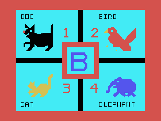 Early Learning Fun TI-99/4A Screenshot: "B" is for which animal?