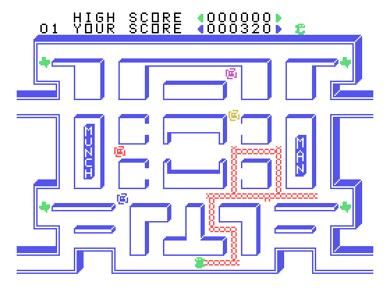 MunchMan TI-99/4A Screenshot: Navigating the maze...