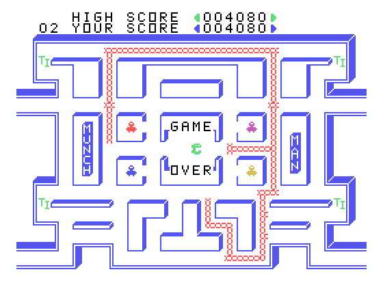 MunchMan TI-99/4A Screenshot: Game over.