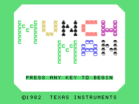 MunchMan TI-99/4A Screenshot: Title screen.