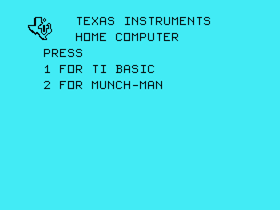 MunchMan TI-99/4A Screenshot: TI-99/4A main menu.