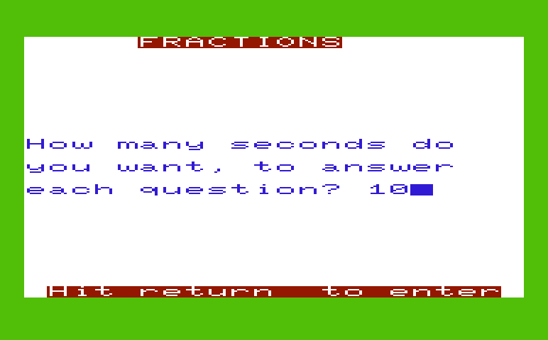 Math Book I Commodore VIC-20 Screenshot: Fractions - How many seconds do you want to answer questions?