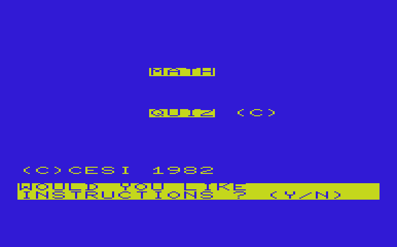 Math Book I Commodore VIC-20 Screenshot: Math Quiz - Title screen.