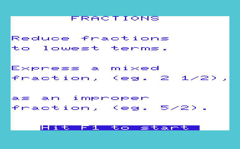 Math Book I Commodore VIC-20 Screenshot: Fractions - Game instructions.