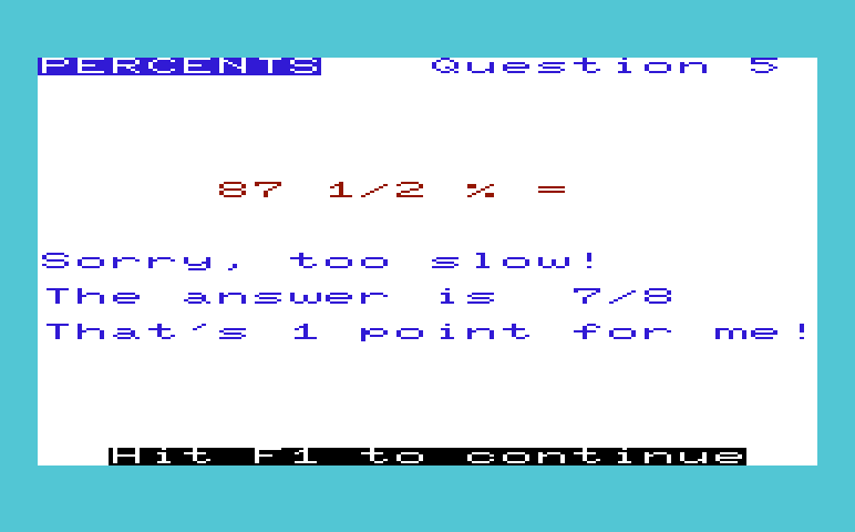 Math Book I Commodore VIC-20 Screenshot: Percents - Oops, too slow...