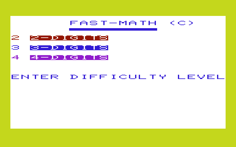 Math Book I Commodore VIC-20 Screenshot: Fast Math - Difficulty level.