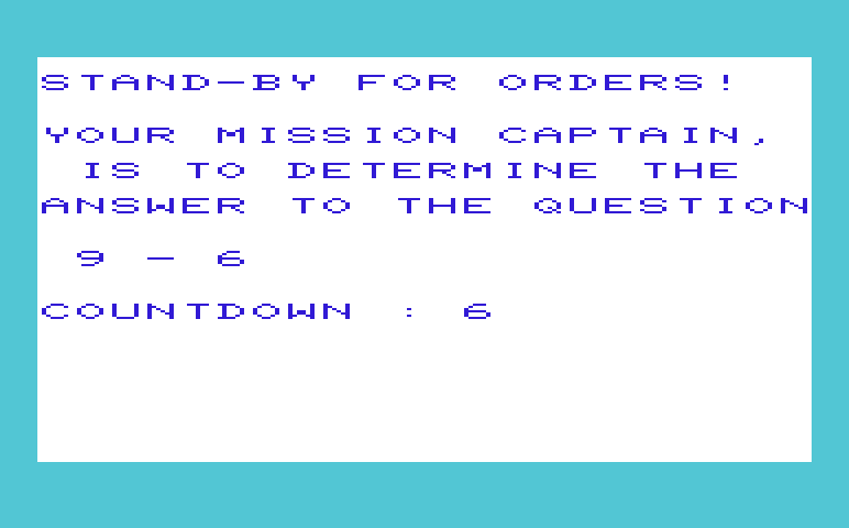 Math Book I Commodore VIC-20 Screenshot: AstroShoot - Stand by for your orders....