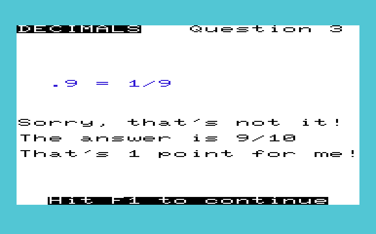 Math Book I Commodore VIC-20 Screenshot: Decimals - Oops, a wrong answer...