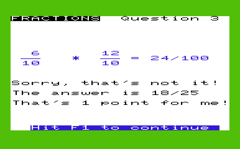 Math Book I Commodore VIC-20 Screenshot: Fractions - Oops, a wrong answer.