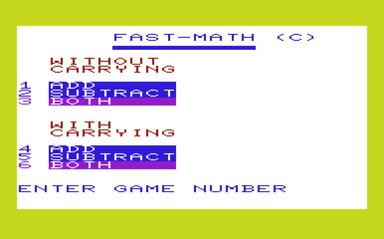 Math Book I Commodore VIC-20 Screenshot: Fast Math - Game options.