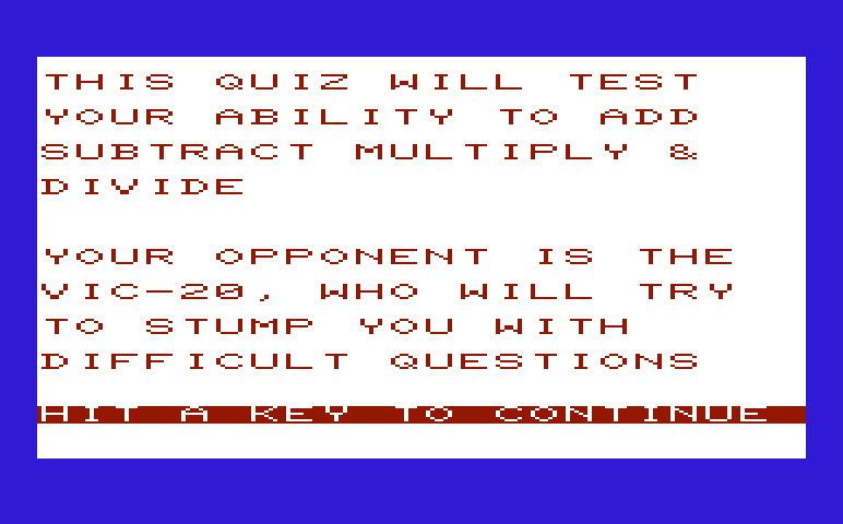 Math Book I Commodore VIC-20 Screenshot: Math Quiz - Instructions 1.