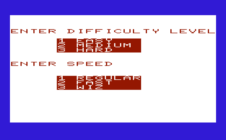 Math Book I Commodore VIC-20 Screenshot: Math Quiz - Select difficulty.