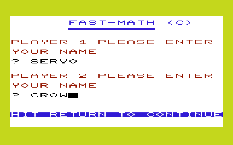 Math Book I Commodore VIC-20 Screenshot: Fast Math - Setting up the players.