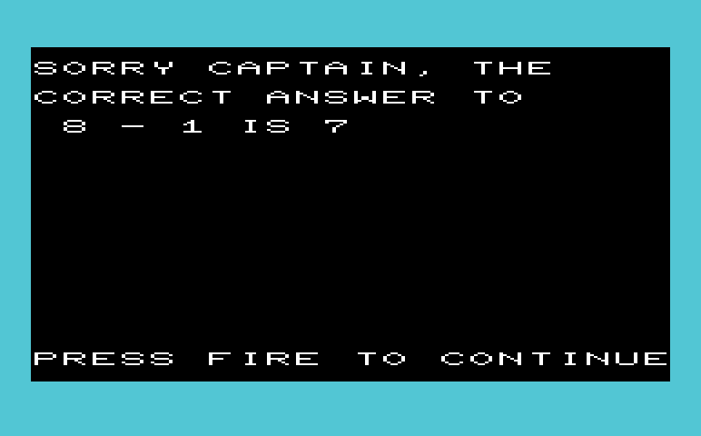 Math Book I Commodore VIC-20 Screenshot: AstroShoot - Oops, a wrong answer...