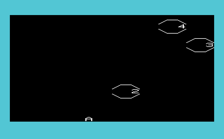 Math Book I Commodore VIC-20 Screenshot: AstroShoot - Shoot the asteroid with the number matching the answer to the problem.