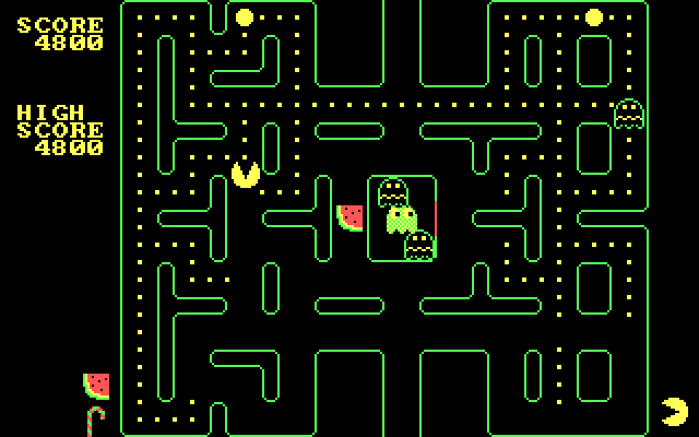 PC-Man IBM PC/Compatibles Screenshot: Eat the watermellon for bonus points.