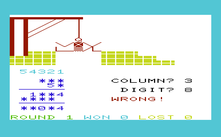 Hangman / Hangmath Commodore VIC-20 Screenshot: Hangmath - Game over.