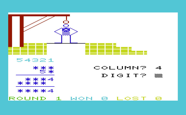 Hangman / Hangmath Commodore VIC-20 Screenshot: Hangmath - Be careful, you're almost out of guesses...