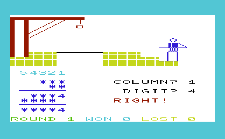 Hangman / Hangmath Commodore VIC-20 Screenshot: Hangmath - A correct guess!