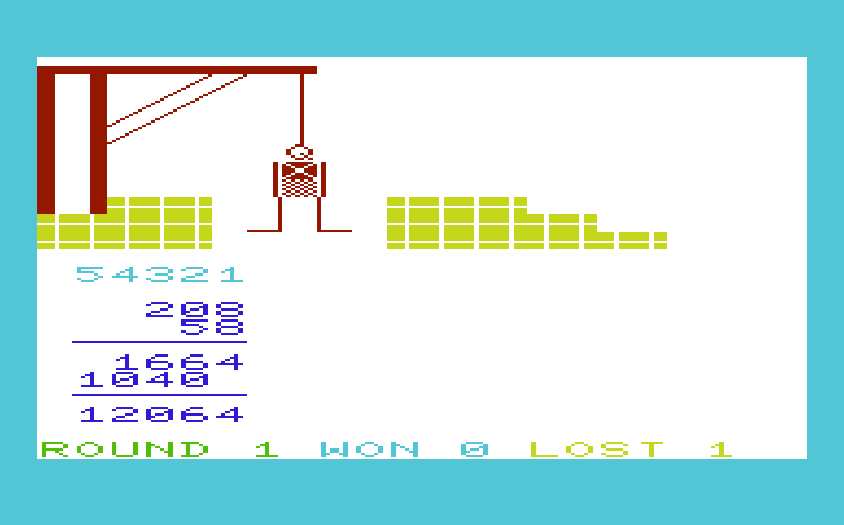 Hangman / Hangmath Commodore VIC-20 Screenshot: Hangmath - The solution to the problem is revealed at the end of the game.