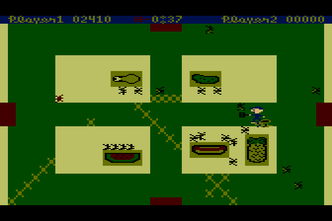 Picnic Paranoia Atari 8-bit Screenshot: Smacking insects with my spatula...