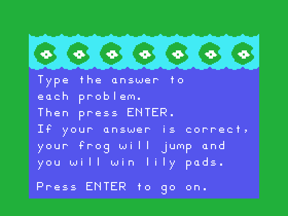 Frog Jump TI-99/4A Screenshot: Game instructions.