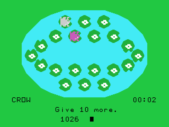 Frog Jump TI-99/4A Screenshot: Start of two player game on the hardest level.