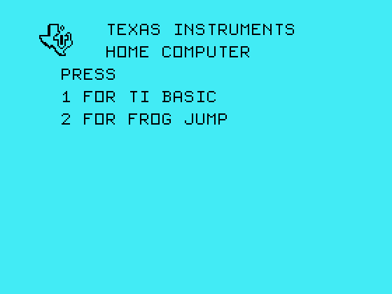 Frog Jump TI-99/4A Screenshot: TI-99/4A main menu.