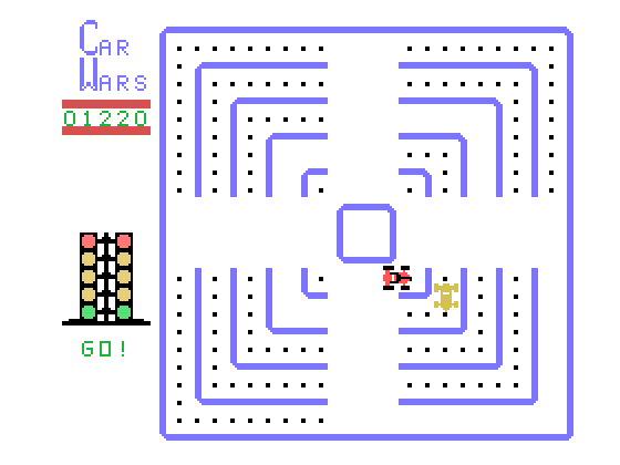 Car Wars TI-99/4A Screenshot: Close call! Passing in a different lane...