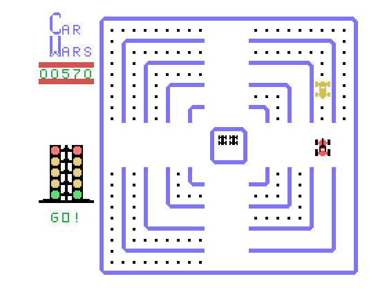 Car Wars TI-99/4A Screenshot: Uh oh, a crash is about to happen!