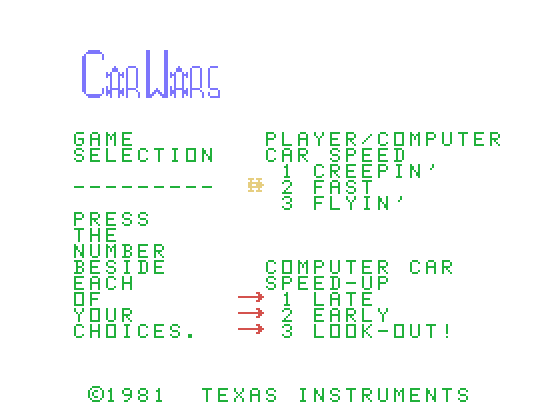 Car Wars TI-99/4A Screenshot: Selecting game options.
